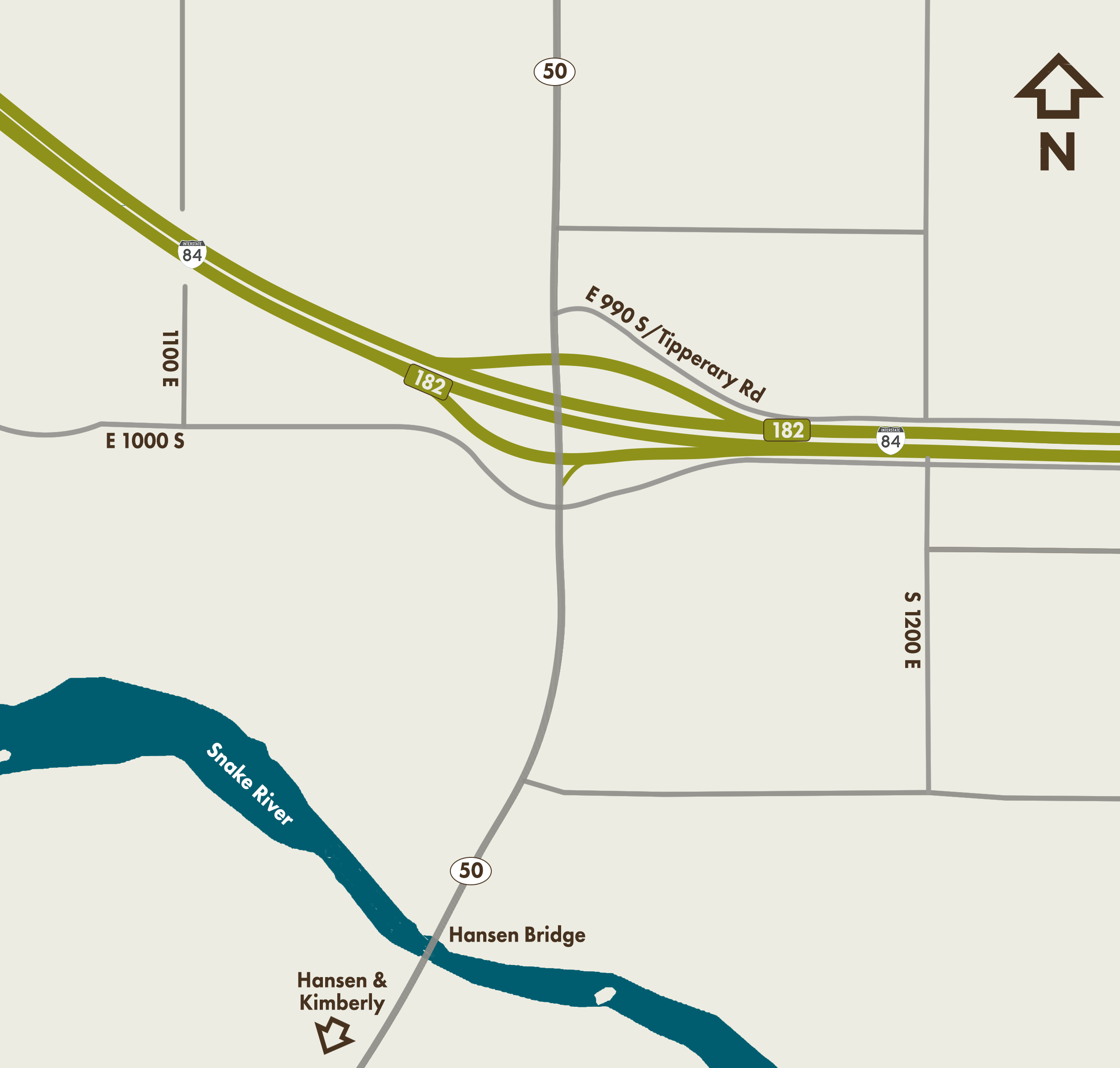 Map of project area with I-84 and the interchange at ID-50 highlighted.
